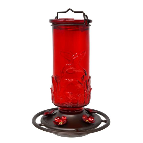Ruby Glass Embossed Hummingbird Feeder