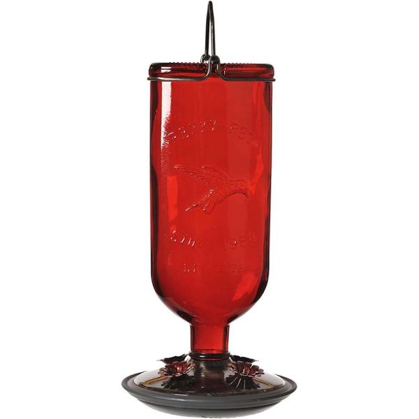 16 oz Elegant Antique Glass Bottle Hummingbird Feeder Red